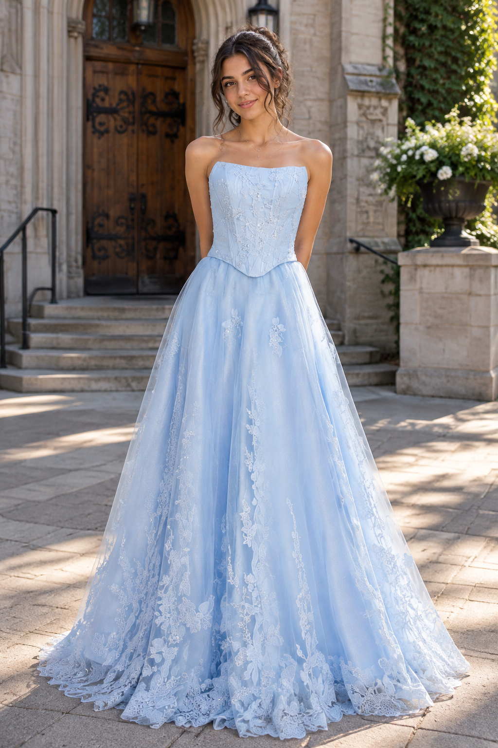 Modest Lace Appliques Strapless Corset Tulle A-Line Party Prom Dress