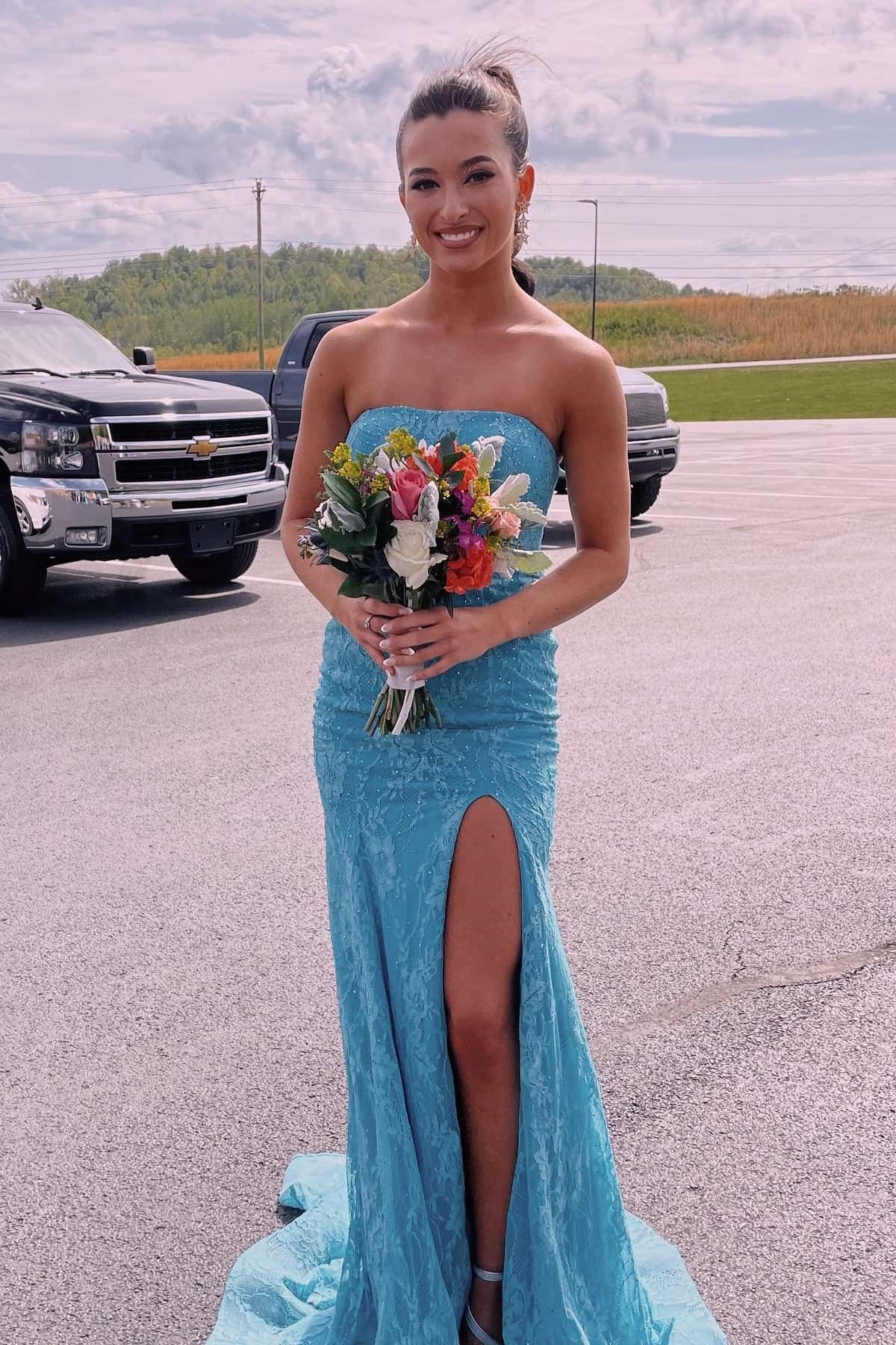 Modest Lace Strapless Empire Mermaid Party Prom Dress With Train