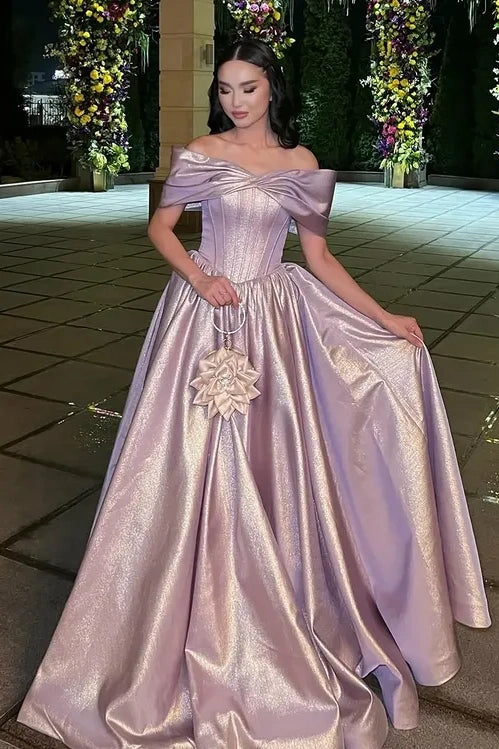 Modest Off-Shoulder A-Line Empire Satin Party Prom Gown