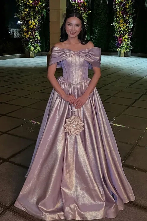 Modest Off-Shoulder A-Line Empire Satin Party Prom Gown