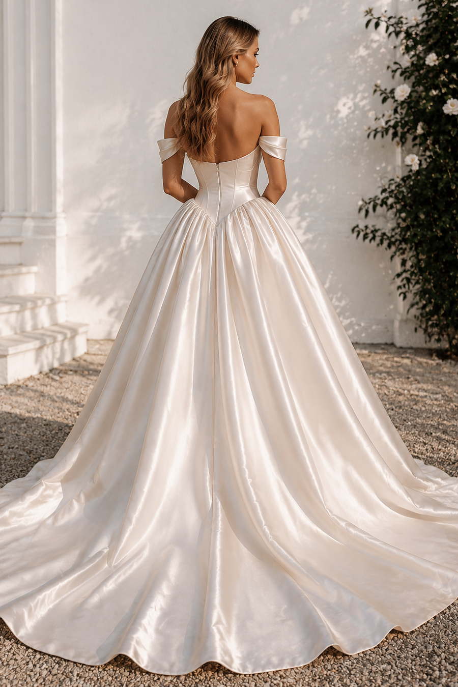 Modest Off-Shoulder Corset A-Line Satin Wedding Dress With Train