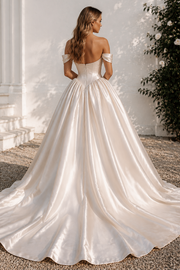 Modest Off-Shoulder Corset A-Line Satin Wedding Dress With Train