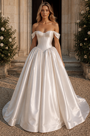Modest Off-Shoulder Corset A-Line Satin Wedding Dress With Train