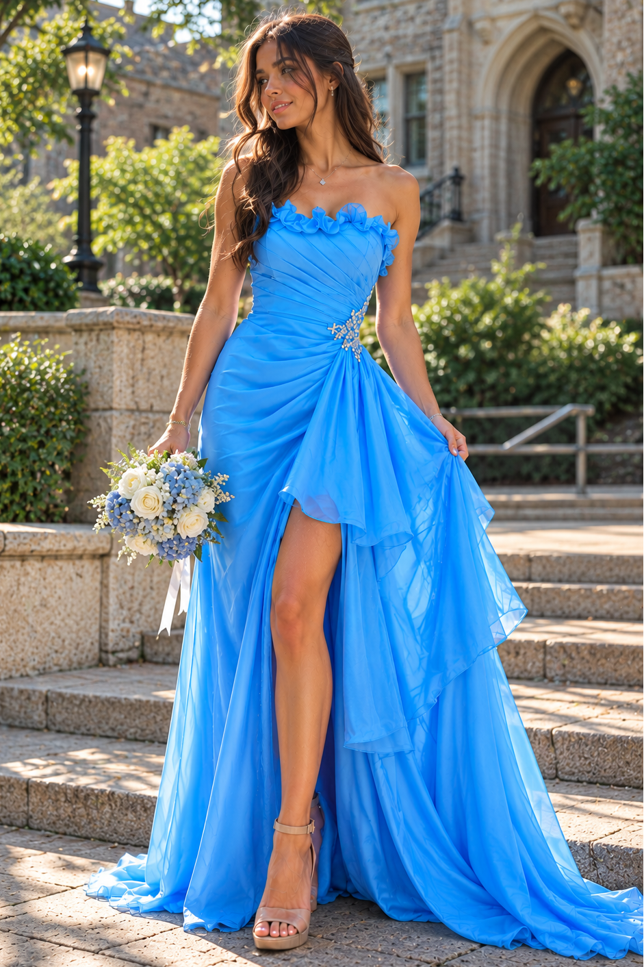 Modest Ruffle Strapless Ruched Empire Chiffon Party Prom Dress