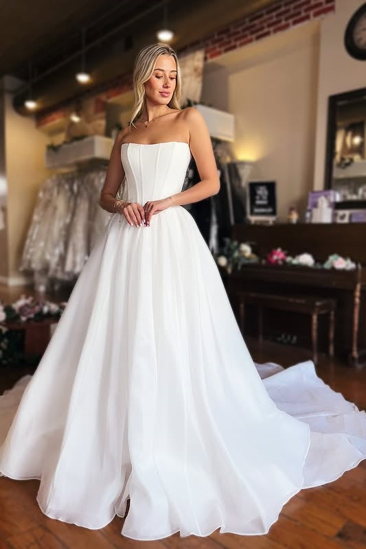 Modest Satin A-Line Empire Strapless Long Wedding Dress White / US 12 Modest Satin A-Line Empire Strapless Long Wedding Dress White / US 12