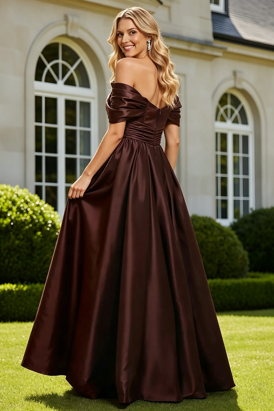 Modest Satin A-Line Off-Shoulder Floor-Length Mother Of The Bride Dress