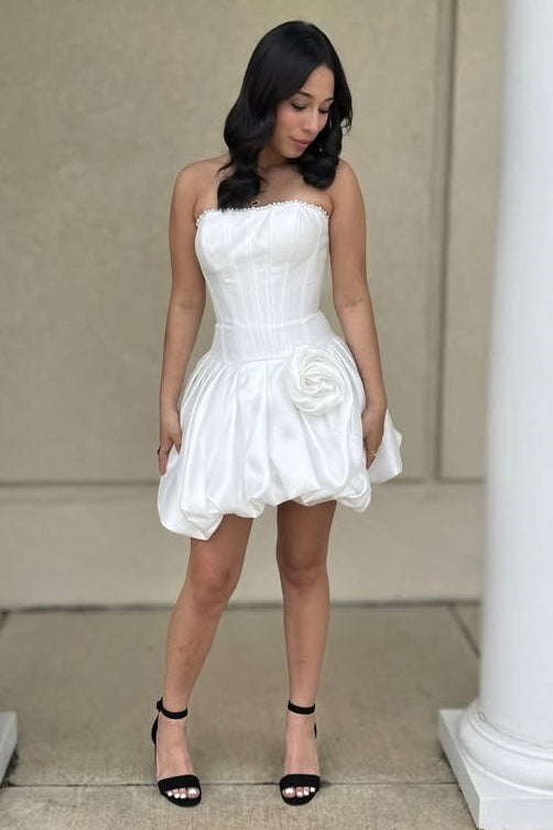 Modest Satin A-Line Pearl Strapless 3D Floral Mini Homecoming Dress