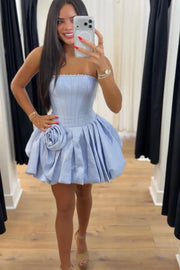 Modest Satin A-Line Pearl Strapless 3D Floral Mini Homecoming Dress