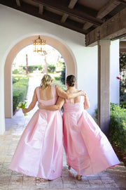 Modest Satin A-Line Square Straps Floor-Length Bridesmaid Dress