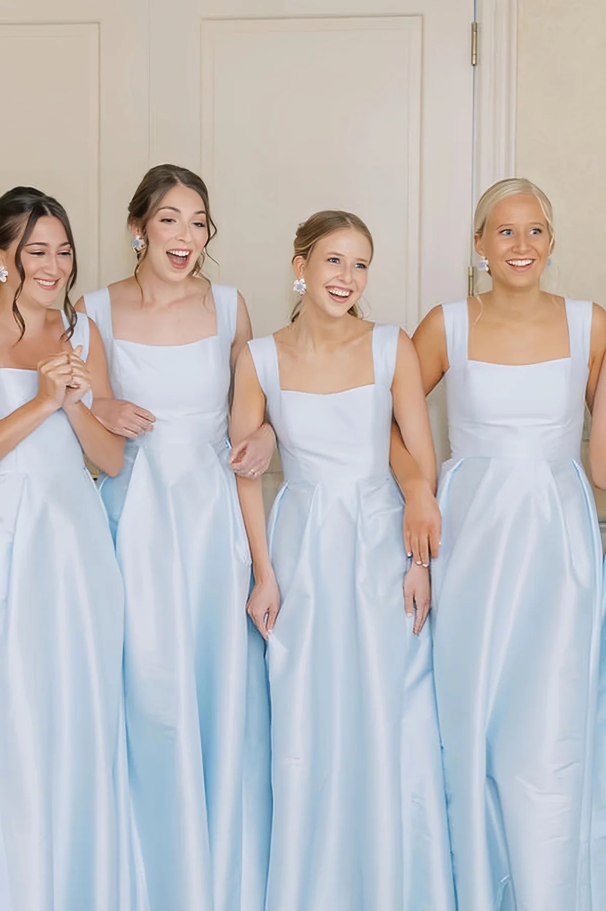 Modest Satin A-Line Square Straps Floor-Length Bridesmaid Dress