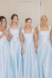 Modest Satin A-Line Square Straps Floor-Length Bridesmaid Dress