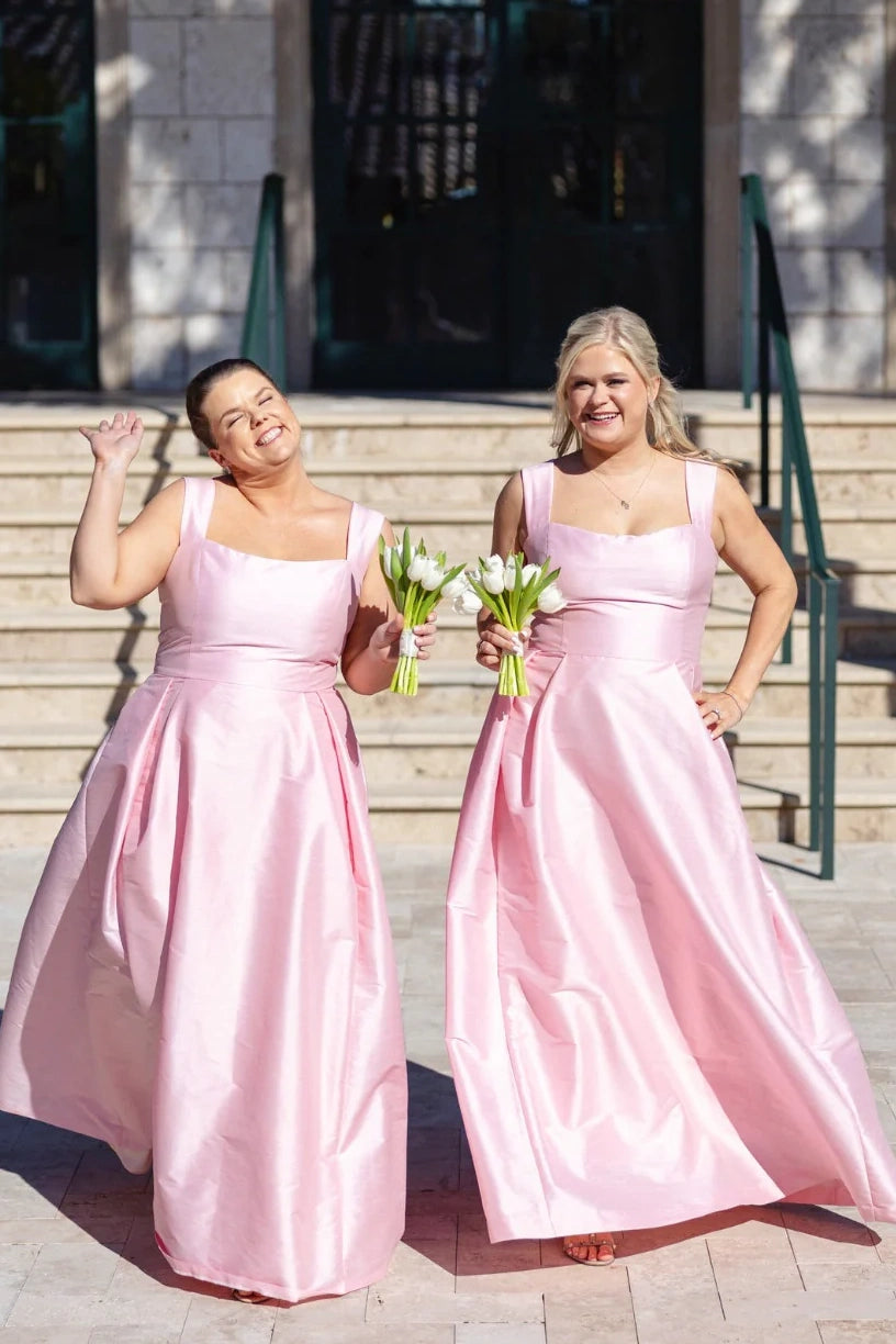 Modest Satin A-Line Square Straps Floor-Length Bridesmaid Dress