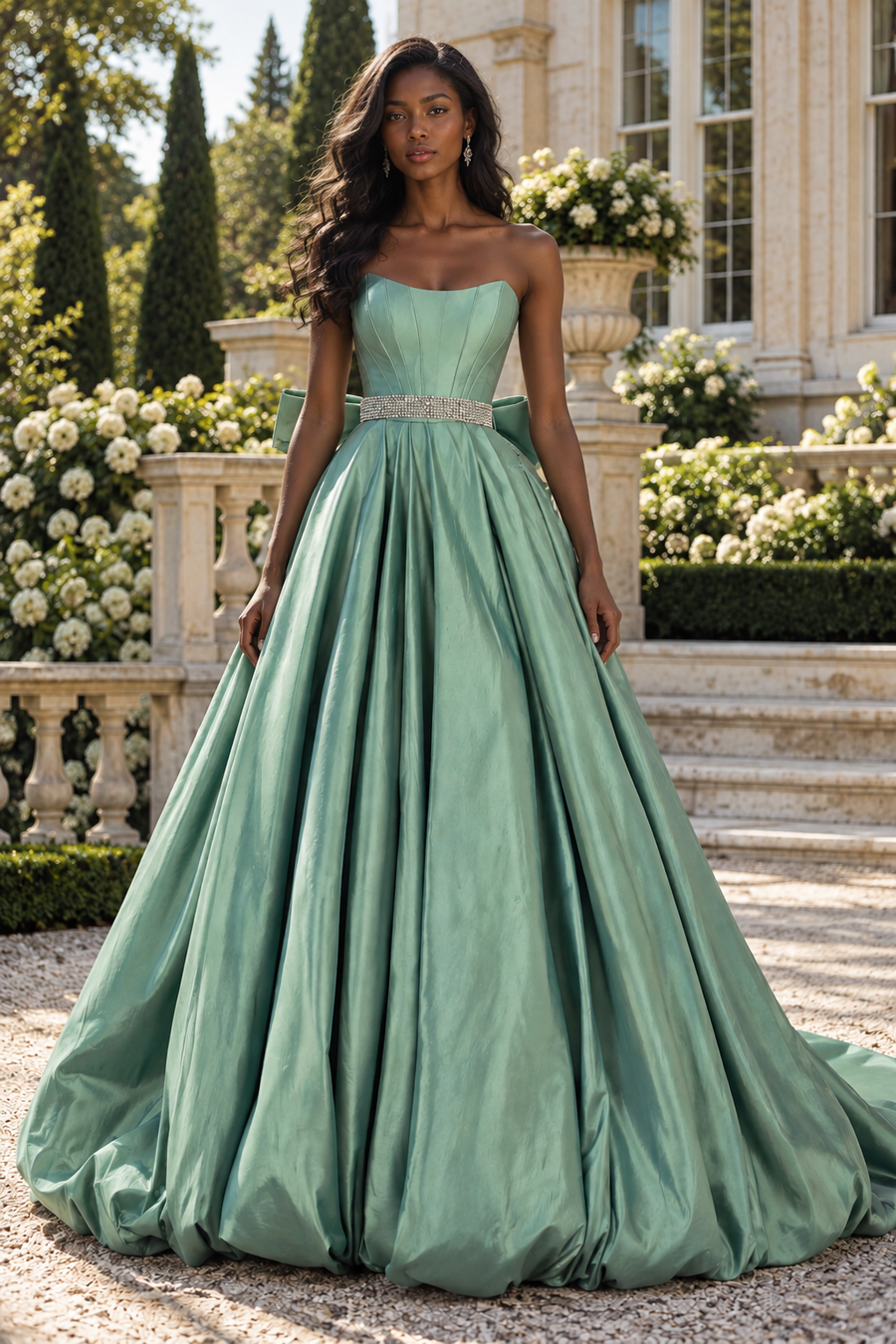 Modest Satin A-Line Strapless Beaded Empire Party Prom Dress With Bow