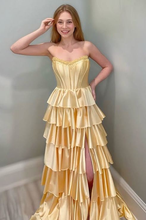 Modest Satin A-Line Strapless Beaded Tiered Party Prom Dress