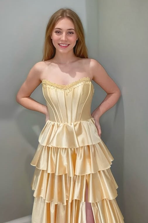 Modest Satin A-Line Strapless Beaded Tiered Party Prom Dress
