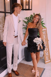 Modest Satin A-Line Strapless Black Floral Short Homecoming Party Dress