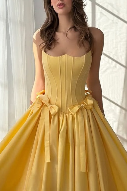Modest Satin A-Line Strapless Bow Empire Pleated Party Prom Dress