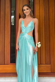 Modest Satin A-Line V-Neck Illusion Empire Party Prom Dress With Slit