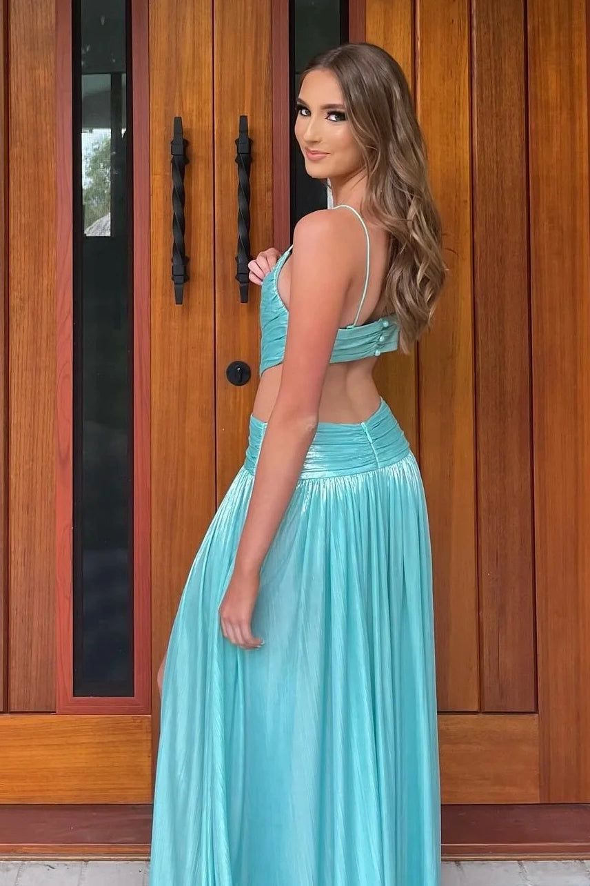 Modest Satin A-Line V-Neck Illusion Empire Party Prom Dress With Slit