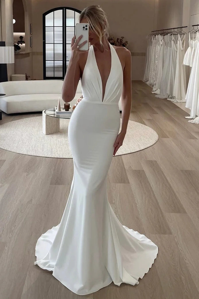Modest Satin Mermaid Low V-Neck Halter Empire Wedding Dress