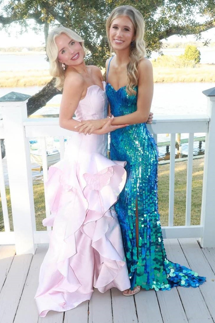 Modest Satin Mermaid Sweetheart Strapless Ruffle Party Prom Dress