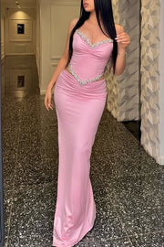 Modest Satin Ruched Empire Party Prom Dress With Beaded