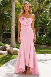 Modest Satin Strapless With Bow Mermaid High Low Bridesmaid Dress