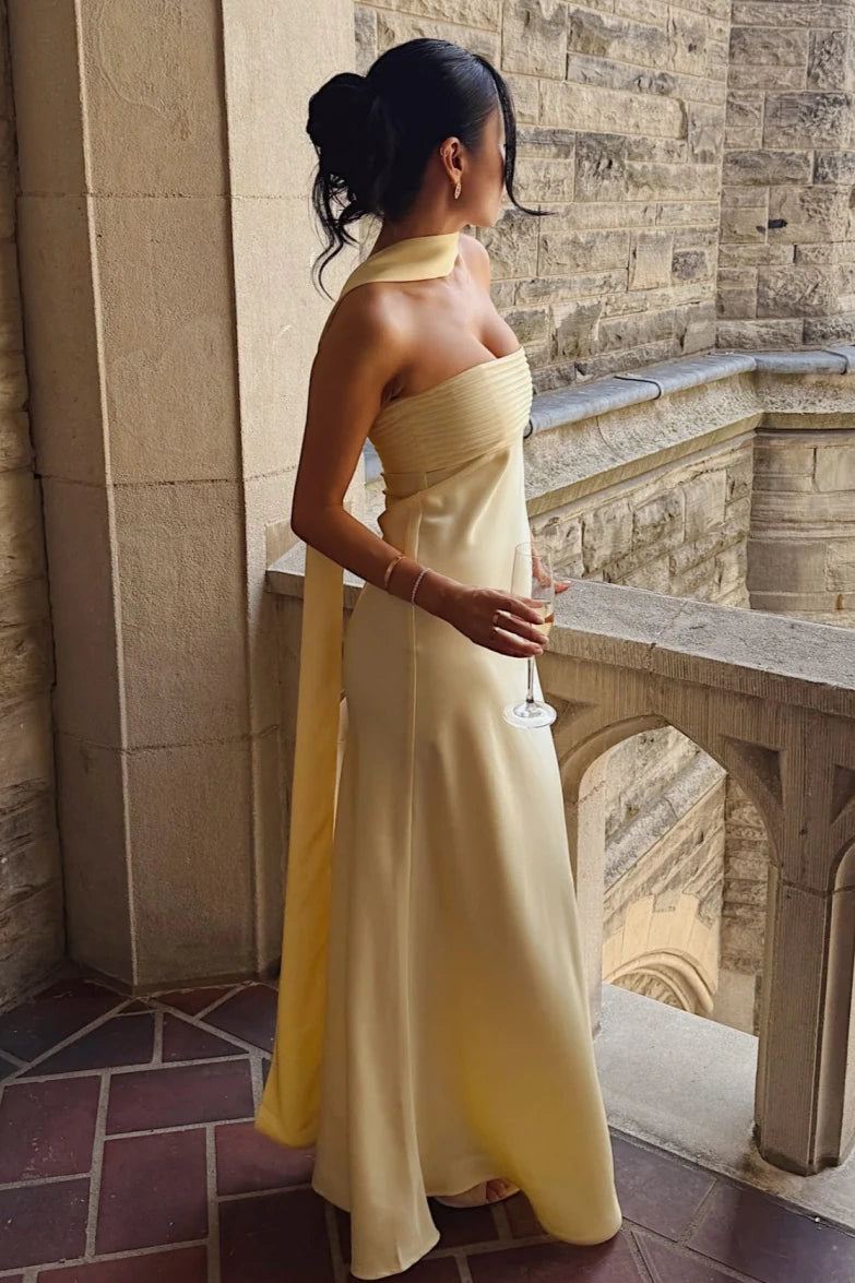 Modest Sheath Pleated Strapless Satin Long Party Prom Dress