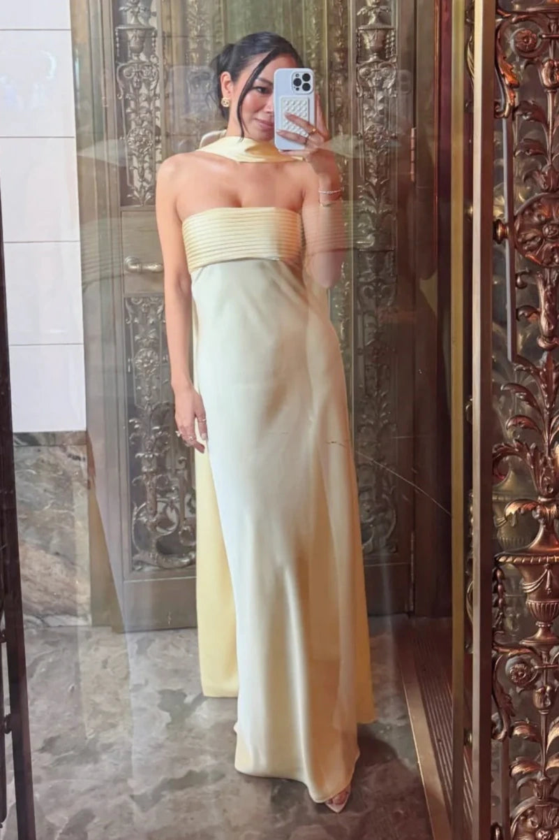 Modest Sheath Pleated Strapless Satin Long Party Prom Dress