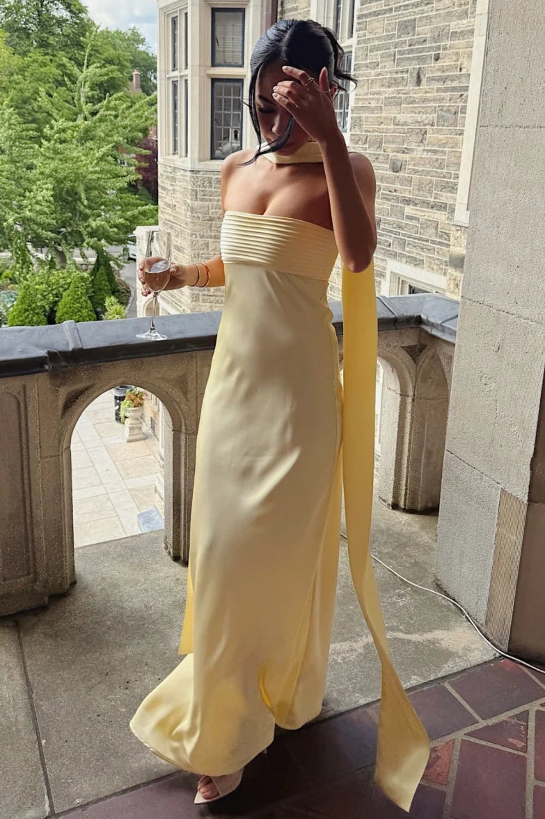 Modest Sheath Pleated Strapless Satin Long Party Prom Dress
