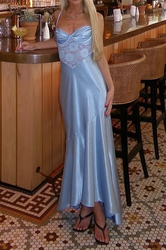 Modest Spaghetti Straps Sheer Lace Satin High-Low Party Prom Dress