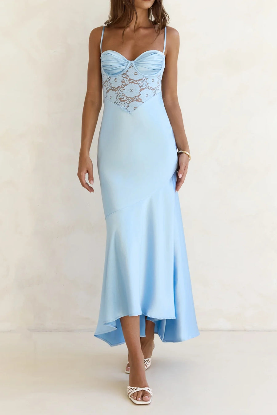 Modest Spaghetti Straps Sheer Lace Satin High-Low Party Prom Dress