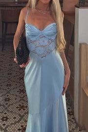 Modest Spaghetti Straps Sheer Lace Satin High-Low Party Prom Dress