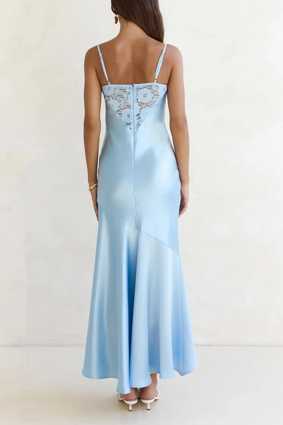 Modest Spaghetti Straps Sheer Lace Satin High-Low Party Prom Dress