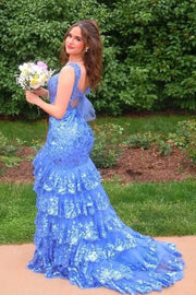 Modest Sparkly Lace Sleeveless Tiered Party Prom Dress