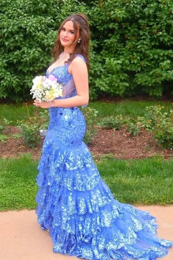 Modest Sparkly Lace Sleeveless Tiered Party Prom Dress