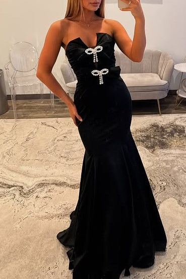 Modest Strapless Empire Satin Party Prom Dress With Bows 