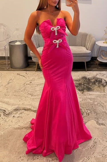 Modest Strapless Empire Satin Party Prom Dress With Bows 