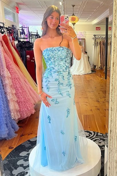 Modest Strapless Mermaid Lace Appliques Party Prom Dress