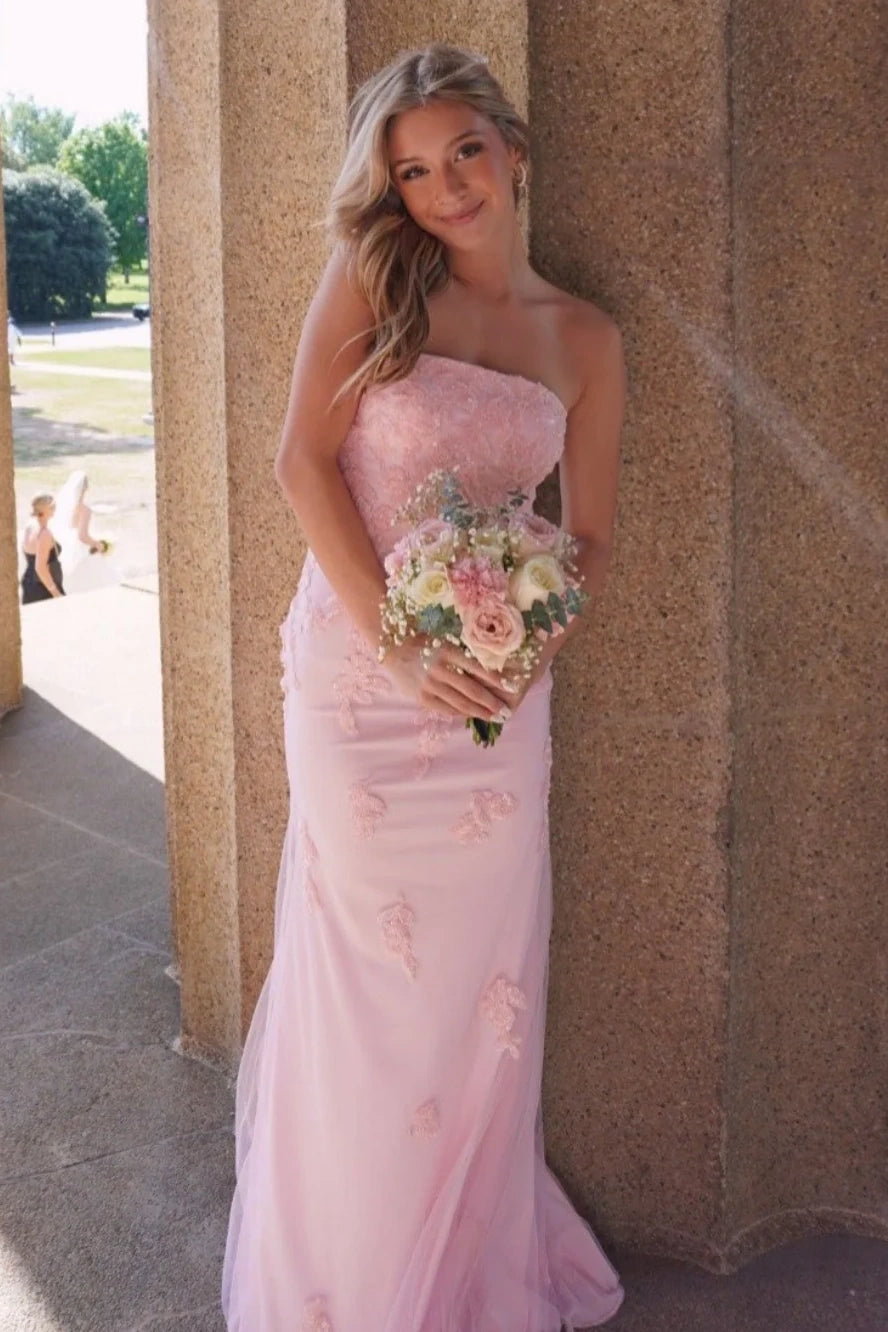 Modest Strapless Mermaid Lace Appliques Party Prom Dress