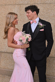 Modest Strapless Mermaid Lace Appliques Party Prom Dress