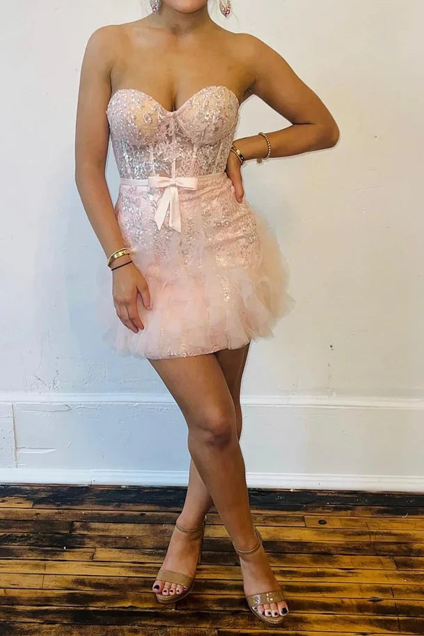 Modest Sweetheart Strapless Lace And Chiffon Ruffle Homecoming Dress
