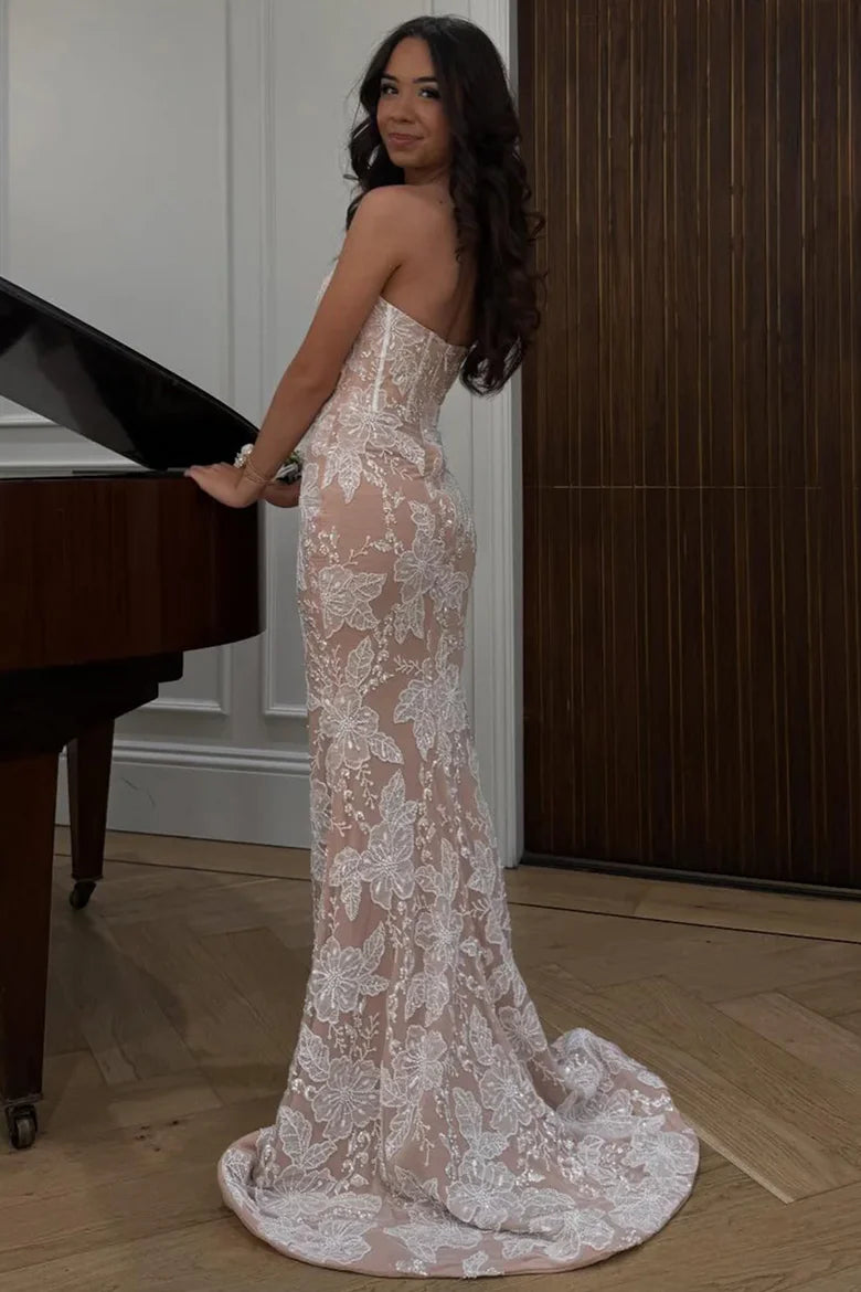 Modest Sweetheart Strapless Lace Appliques Mermaid Party Prom Dress