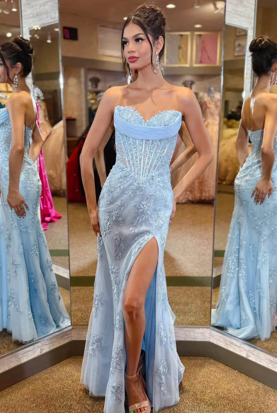 Modest Sweetheart Strapless Lace Mermaid Party Prom Dress