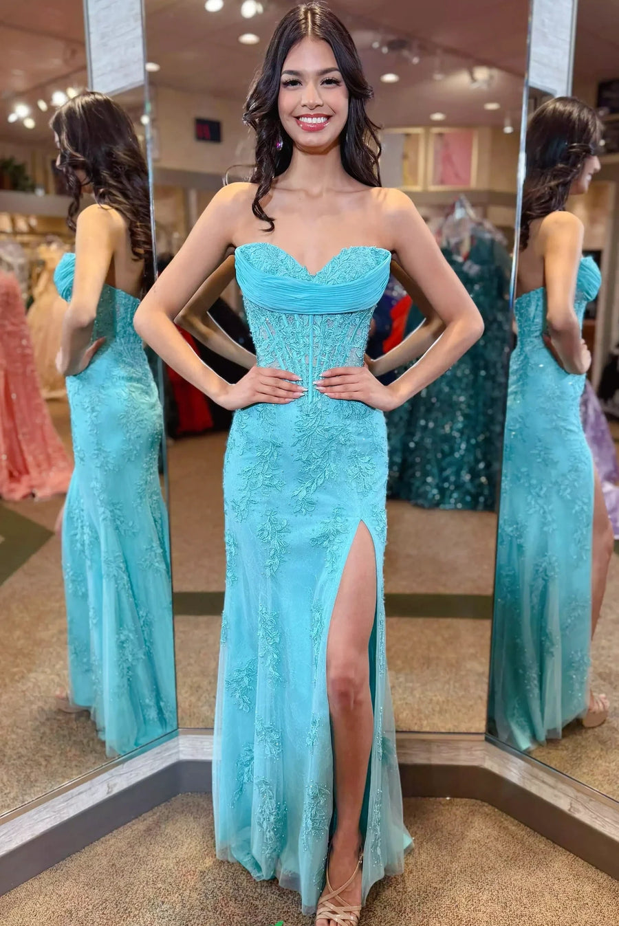 Modest Sweetheart Strapless Lace Mermaid Party Prom Dress