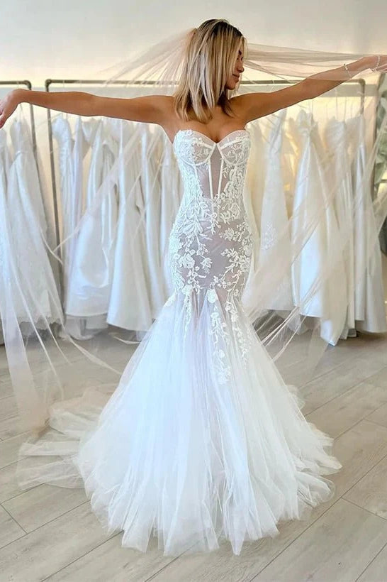 Modest Sweetheart Strapless Mermaid Wedding Dress White / US 10