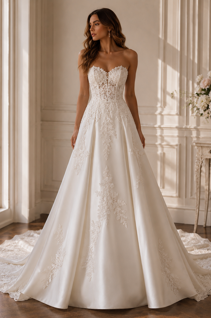 Modest Sweetheart Strapless Satin A-Line Lace Appliques Wedding Dress