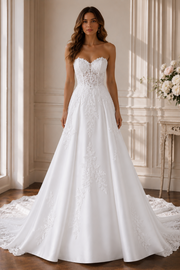 Modest Sweetheart Strapless Satin A-Line Lace Appliques Wedding Dress