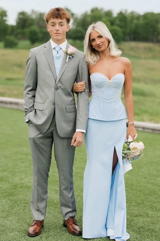 Modest Sweetheart Straps Two-Pieces Satin Party Prom Dress With Beaded 