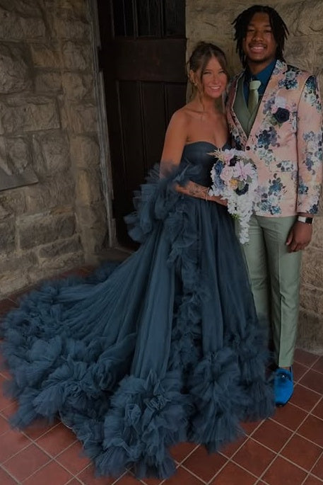 Modest Tulle A-Line Strapless Ruffle Party Prom Dress With Train